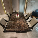 Dark Natural Wood Veneer Dining Table with Gold Stainless Steel Inlay & Quilted Pedestal Base